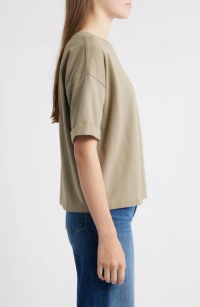 Eileen Fisher Cuffed Sleeve Cotton Crewneck T-shirt In Green