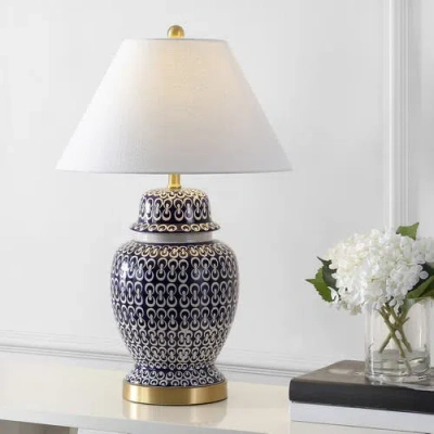Jonathan Y Tegola 28.5" Ceramic/iron Coastal Modern Led Table Lamp,navy In Blue/white