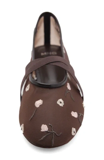 Mango Ballerina Flats With Cross Straps With Embroidered Flowers Brown In Brown