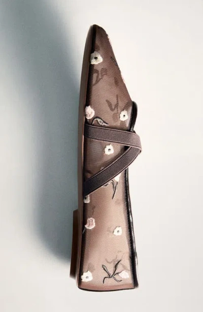 Mango Ballerina Flats With Cross Straps With Embroidered Flowers Brown In Brown