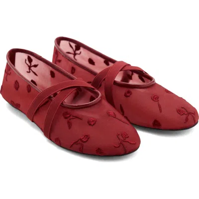 Mango Ballerina Flats With Cross Straps With Embroidered Flowers Red In Red