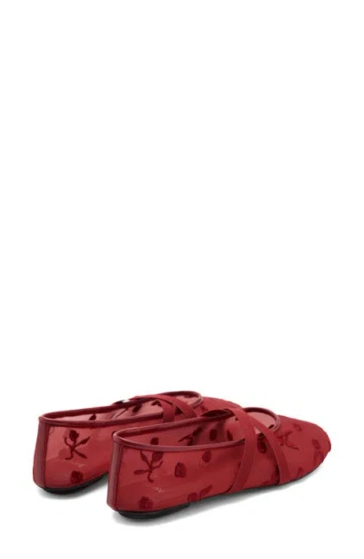 Mango Ballerina Flats With Cross Straps With Embroidered Flowers Red In Red