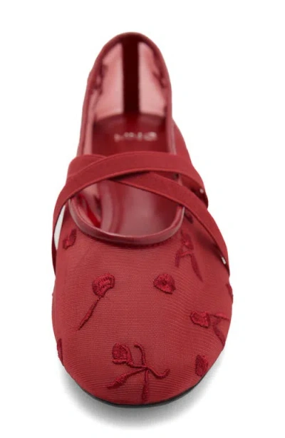 Mango Ballerina Flats With Cross Straps With Embroidered Flowers Red In Red