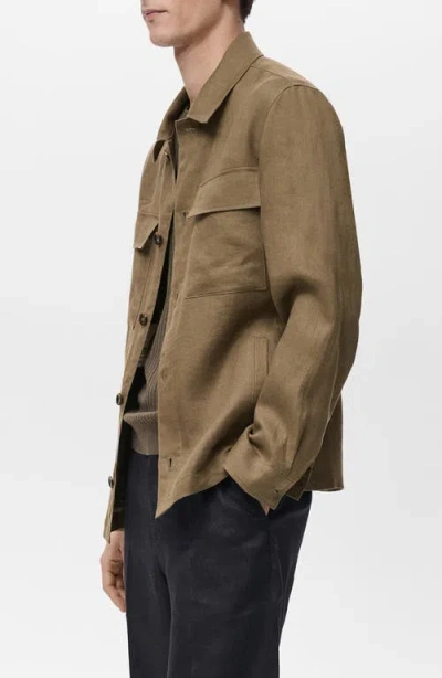 Mango Linen Overshirt With Pockets In Khaki Brown