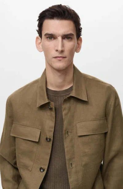 Mango Linen Overshirt With Pockets In Khaki Brown