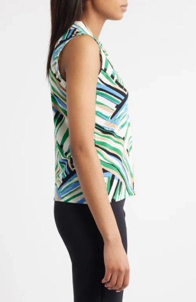 Anne Klein Abstract Print Triple Pleat Sleeveless Top In Green