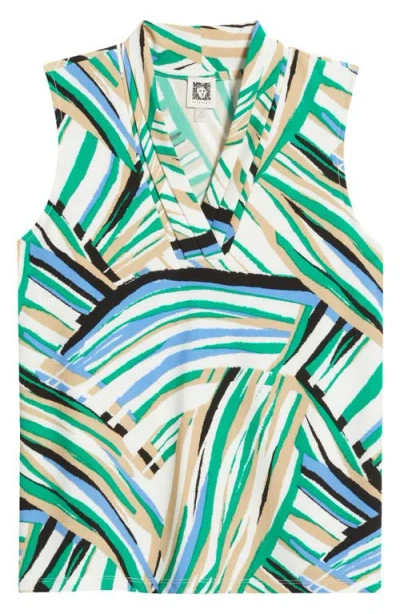 Anne Klein Abstract Print Triple Pleat Sleeveless Top In Green