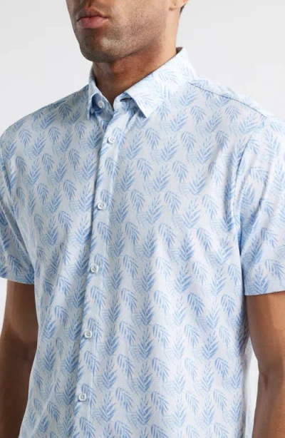 Mizzen + Main Mizzen+main Halyard Trim Fit Leaf Print Short Sleeve Performance Button-up Shirt In Light Blue Palm