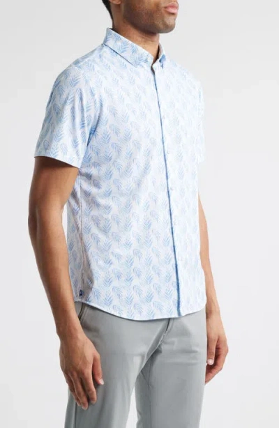 Mizzen + Main Mizzen+main Halyard Trim Fit Leaf Print Short Sleeve Performance Button-up Shirt In Light Blue Palm