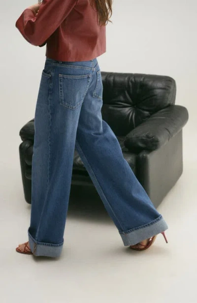 Mango Cuffed Wide Leg Jeans In Medium Blue