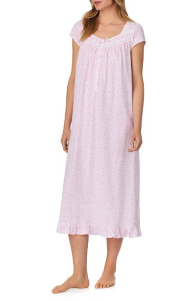 Eileen West Cap Sleeve Long Cotton Jersey Nightgown In Pink Print