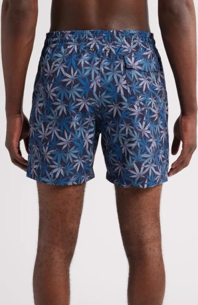 Stone Rose Leaf Print Swim Trunks In Navy