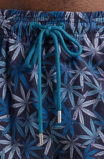 Stone Rose Leaf Print Swim Trunks In Navy