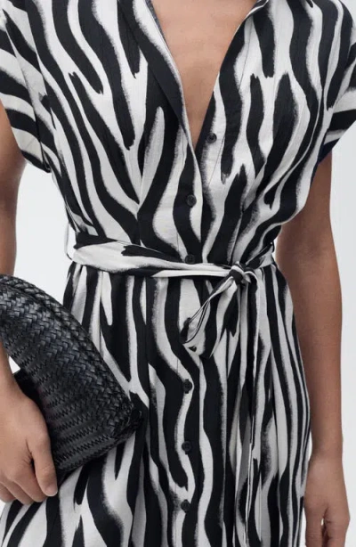 Mango Zebra Print Belted Midi Shirtdress In Black