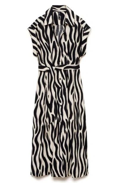 Mango Zebra Print Belted Midi Shirtdress In Black