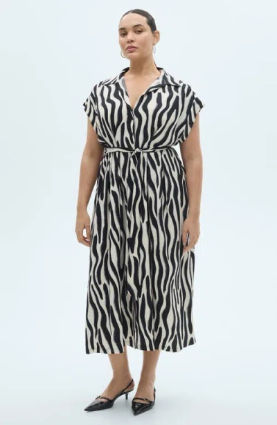 Mango Zebra Print Belted Midi Shirtdress In Black