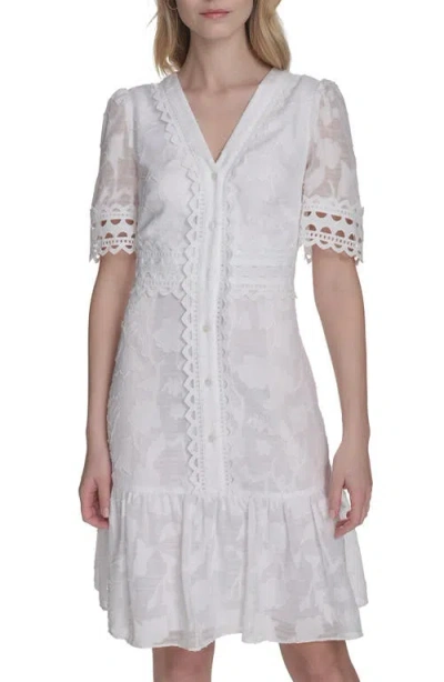 Eliza J Short Sleeve Floral Burnout Shirtdress In White