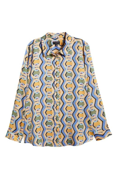 Tahari Asl Geo Print Satin Button-up Shirt In Blue Chains