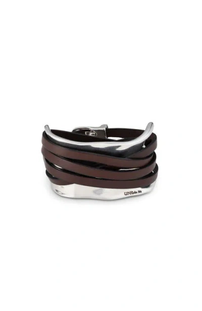 Unode50 Sterling Silver-plated Bracelet With Leather Straps In Brown