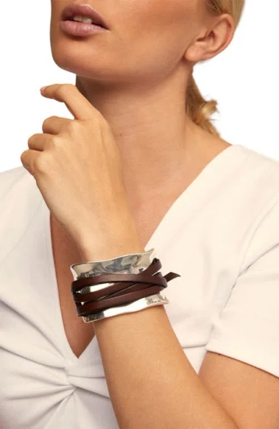 Unode50 Sterling Silver-plated Bracelet With Leather Straps In Brown