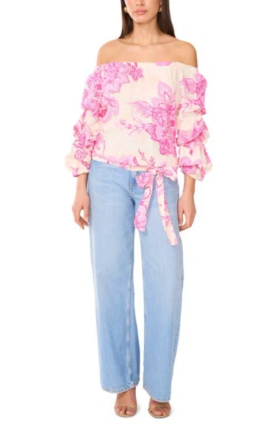 Vince Camuto Off-the-shoulder Linen-blend Blouse In Pink Orchid