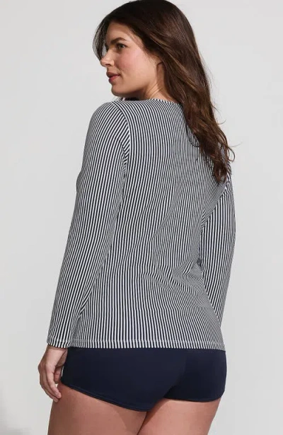 Lands' End Plus Size Crew Neck Long Sleeve Rash Guard Upf 50 Sun Protection Swim Tee In Deep Sea Navy Mini Stripe