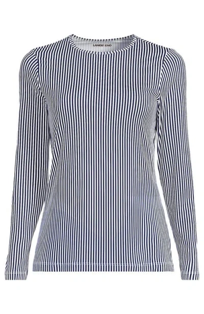 Lands' End Plus Size Crew Neck Long Sleeve Rash Guard Upf 50 Sun Protection Swim Tee In Deep Sea Navy Mini Stripe