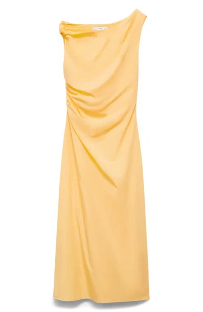 Mango Asymmetric Neck Draped Midi Dress In Yellow