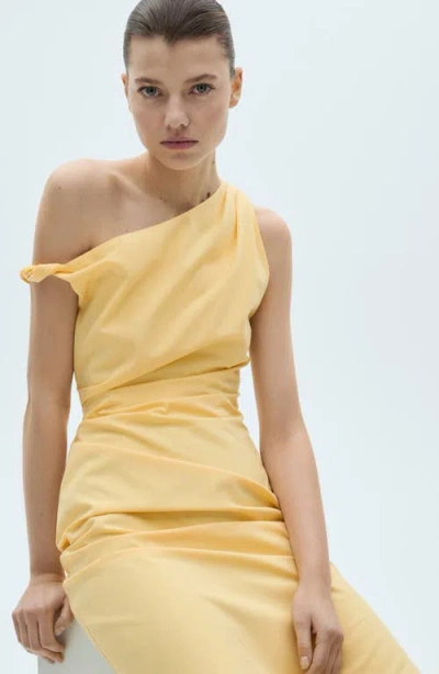 Mango Asymmetric Neck Draped Midi Dress In Yellow