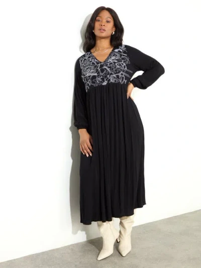 Live Unlimited Long Sleeve Embroidered Crinkle Dress In Black