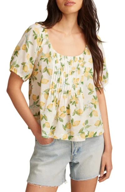Lucky Brand Pleated Babydoll Top In Lemon Multi