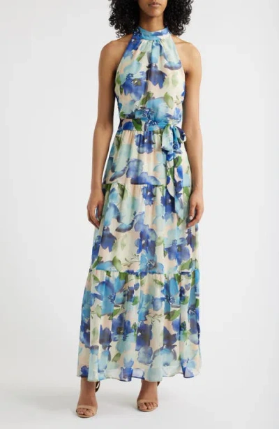Julia Jordan Printed Chiffon Maxi Dress In Blue Multi