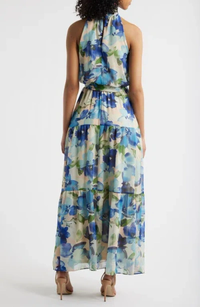 Julia Jordan Printed Chiffon Maxi Dress In Blue Multi