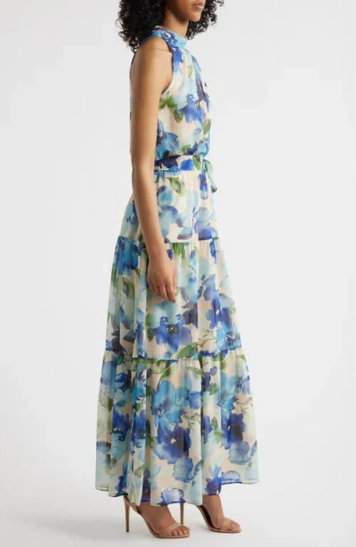 Julia Jordan Printed Chiffon Maxi Dress In Blue Multi