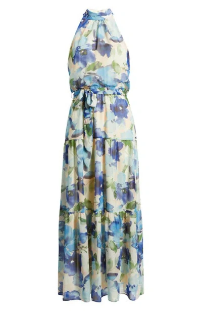 Julia Jordan Printed Chiffon Maxi Dress In Blue Multi