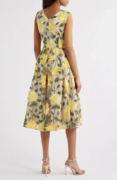 Tahari Asl Floral Embroidered Sleeveless Dress In Beige Butter