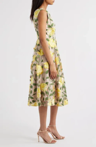 Tahari Asl Floral Embroidered Sleeveless Dress In Beige Butter