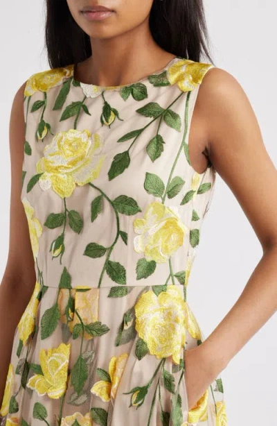 Tahari Asl Floral Embroidered Sleeveless Dress In Beige Butter