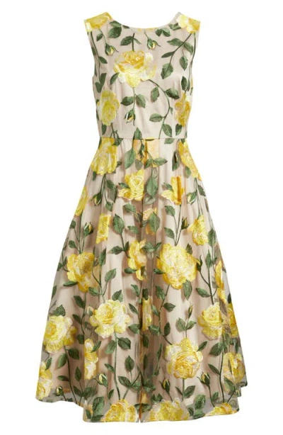 Tahari Asl Floral Embroidered Sleeveless Dress In Beige Butter