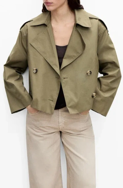 Mango Double Breasted Crop Trench Coat In Khaki