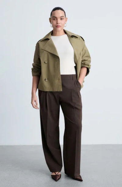 Mango Double Breasted Crop Trench Coat In Khaki