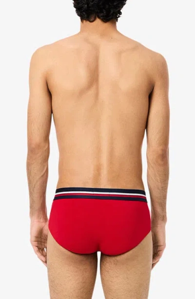 Lacoste Assorted 3-pack Stretch Cotton Briefs In Navy Blue/silver Chine/red