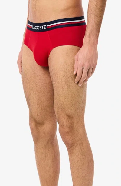 Lacoste Assorted 3-pack Stretch Cotton Briefs In Navy Blue/silver Chine/red