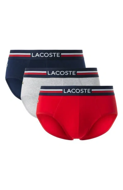 Lacoste Assorted 3-pack Stretch Cotton Briefs In Navy Blue/silver Chine/red