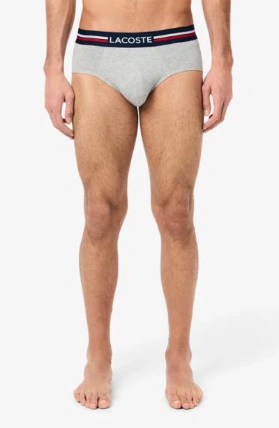 Lacoste Assorted 3-pack Stretch Cotton Briefs In Navy Blue/silver Chine/red