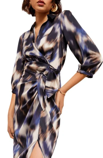 Friends Like These Abstract Print Satin Wrap Midi Dress In Blue