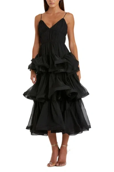 Mac Duggal V Neck Tiered Ruffle Midi Dress In Black