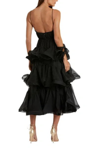 Mac Duggal V Neck Tiered Ruffle Midi Dress In Black