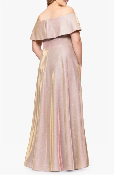 Betsy & Adam Plus Size Metallic Off-the-shoulder Gown In Pink