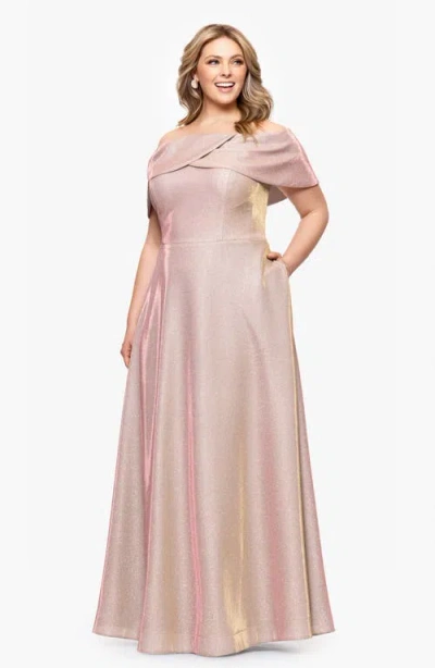 Betsy & Adam Plus Size Metallic Off-the-shoulder Gown In Pink